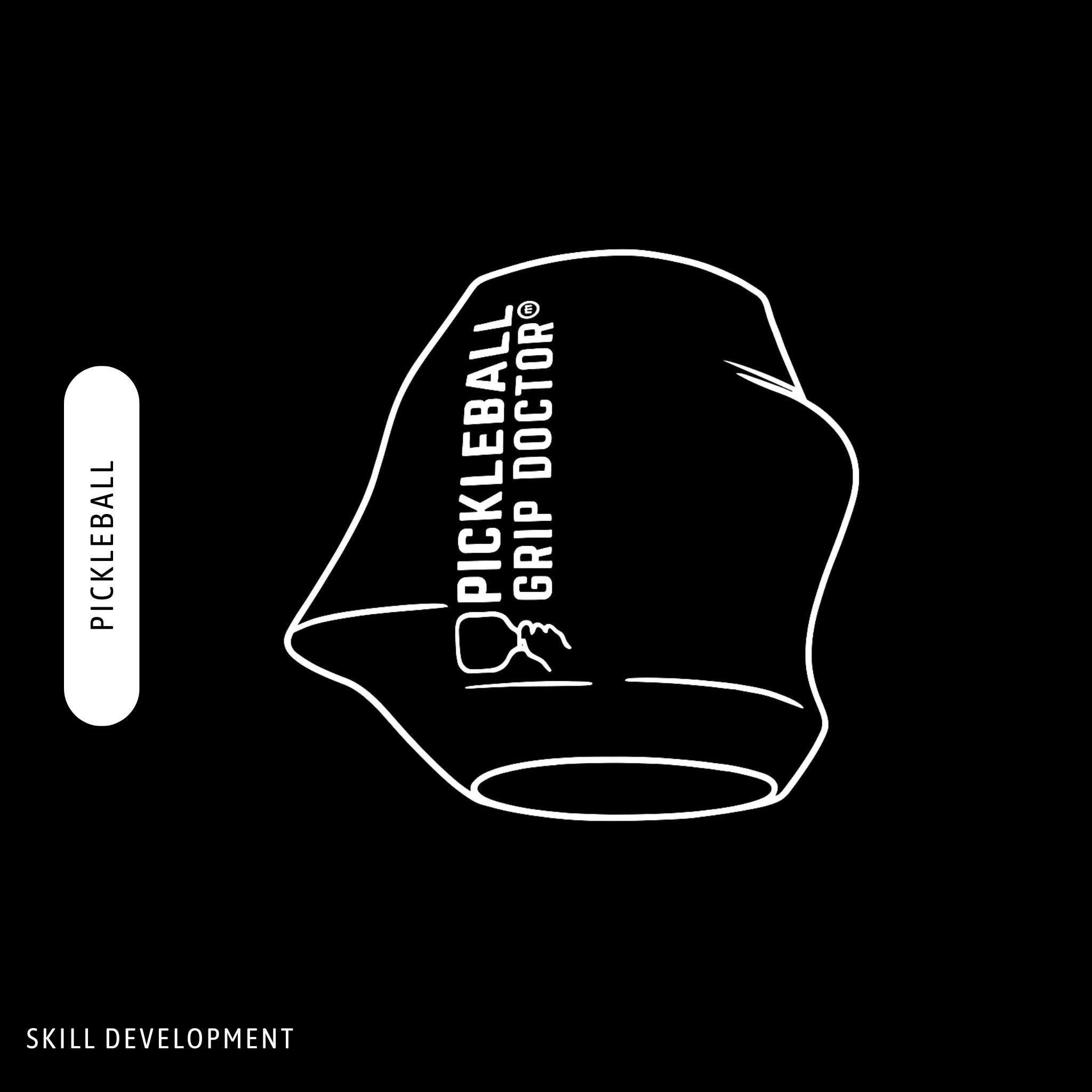 Pickleball grip doctor packaging with 'Pickleball Grip Doctor' text on a black background