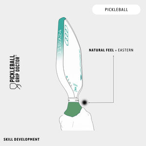 Diagram of a pickleball paddle with branding and text on a white background