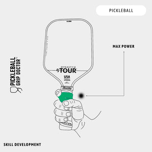 Diagram of a pickleball paddle with hand holding it, labeled 'Dynasmy Tour' and 'USA', on a white background.