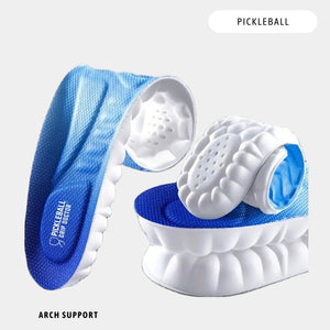 Blue and white pickleball arch support on a light gray background