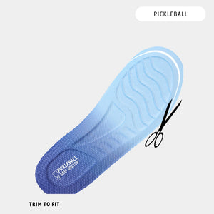 Blue shoe sole with 'Pickleball' branding on a light gray background