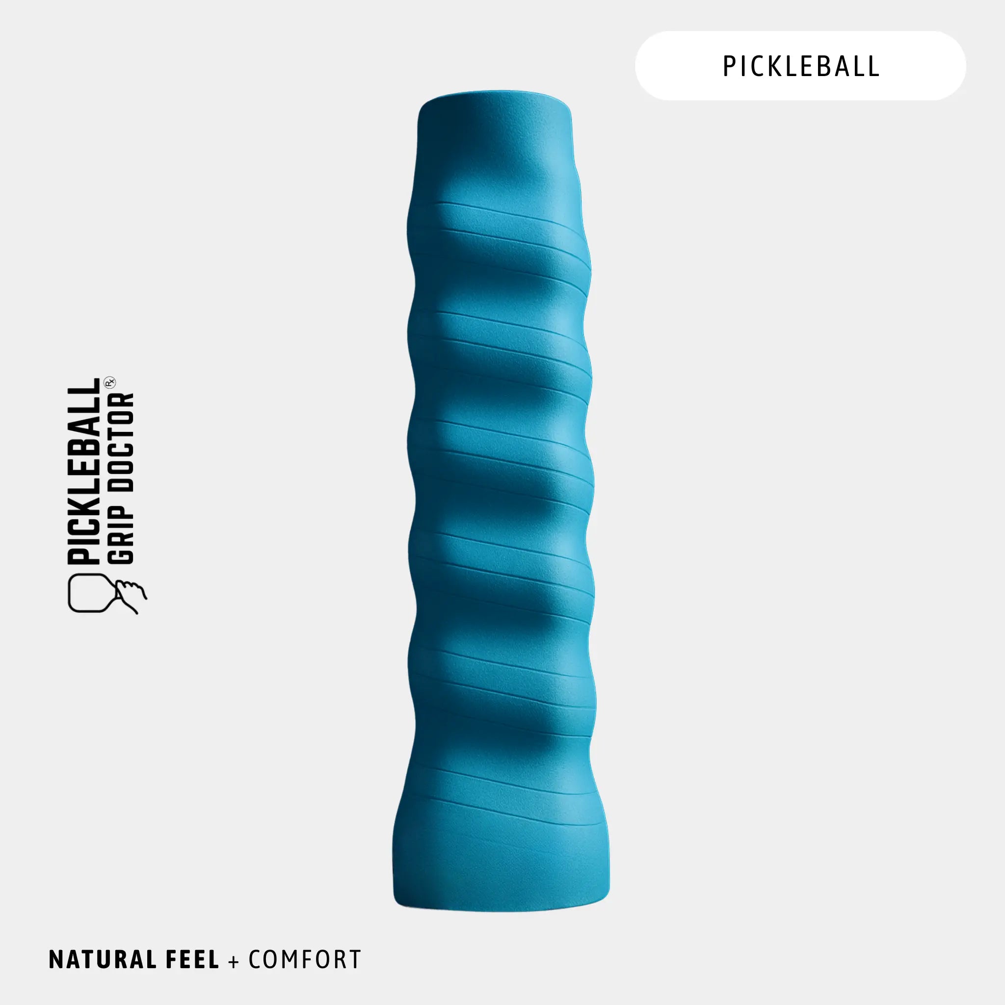 Blue pickleball grip on a light gray background with 'Pickleball Grip Doctor' branding.