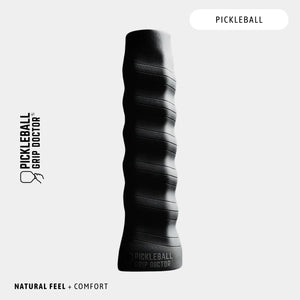 Black pickleball grip with 'Pickleball Grip Doctor' branding on a white background