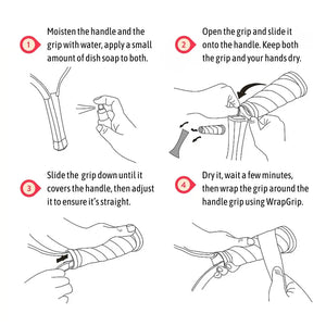 Four-step illustrated instructions showing how to install the WrapCore grip on a pickleball paddle handle using water, soap, sliding the grip into place, and applying overgrip.