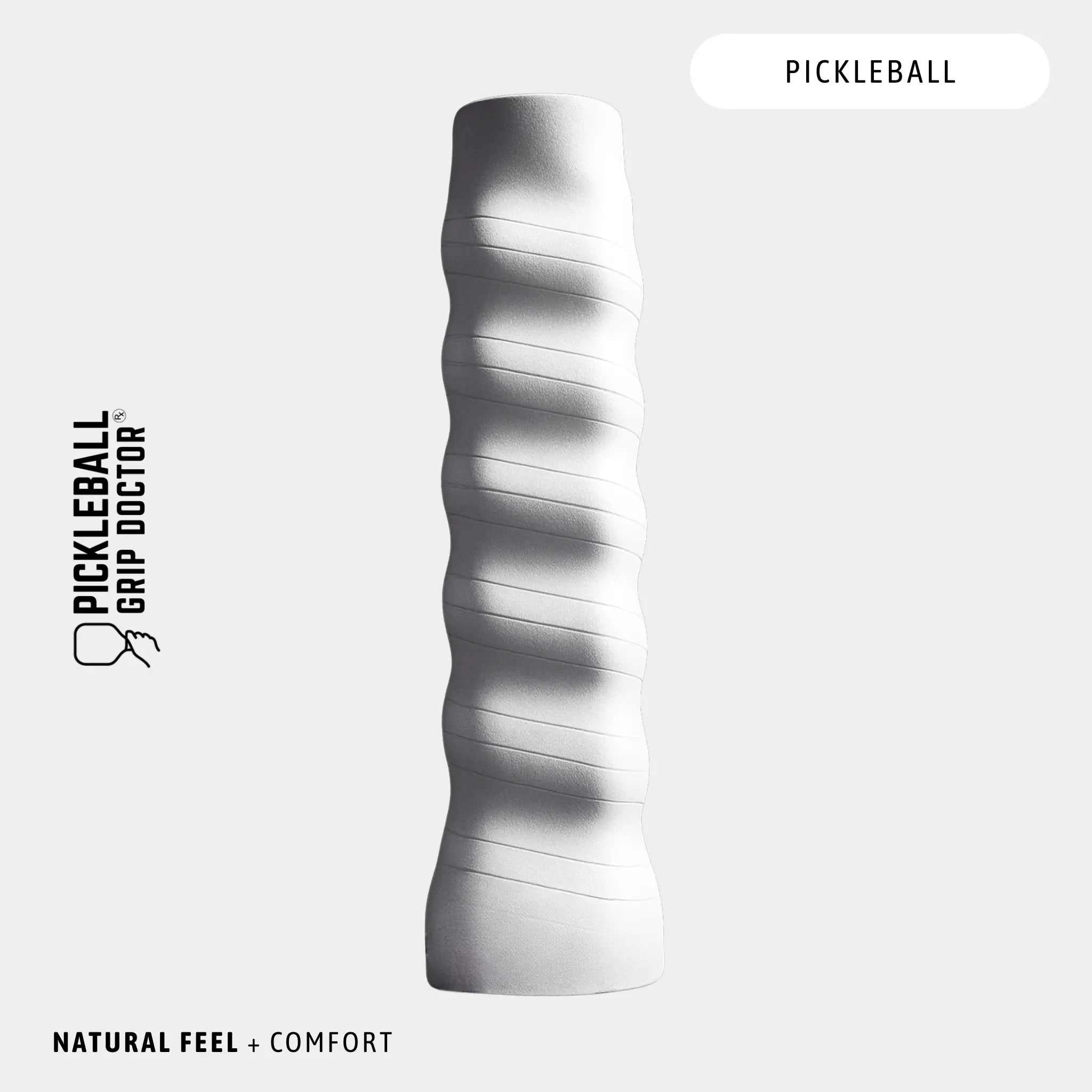 Silver pickleball grip with wavy texture on a white background, featuring 'Pickleball Grip Doctor' branding.
