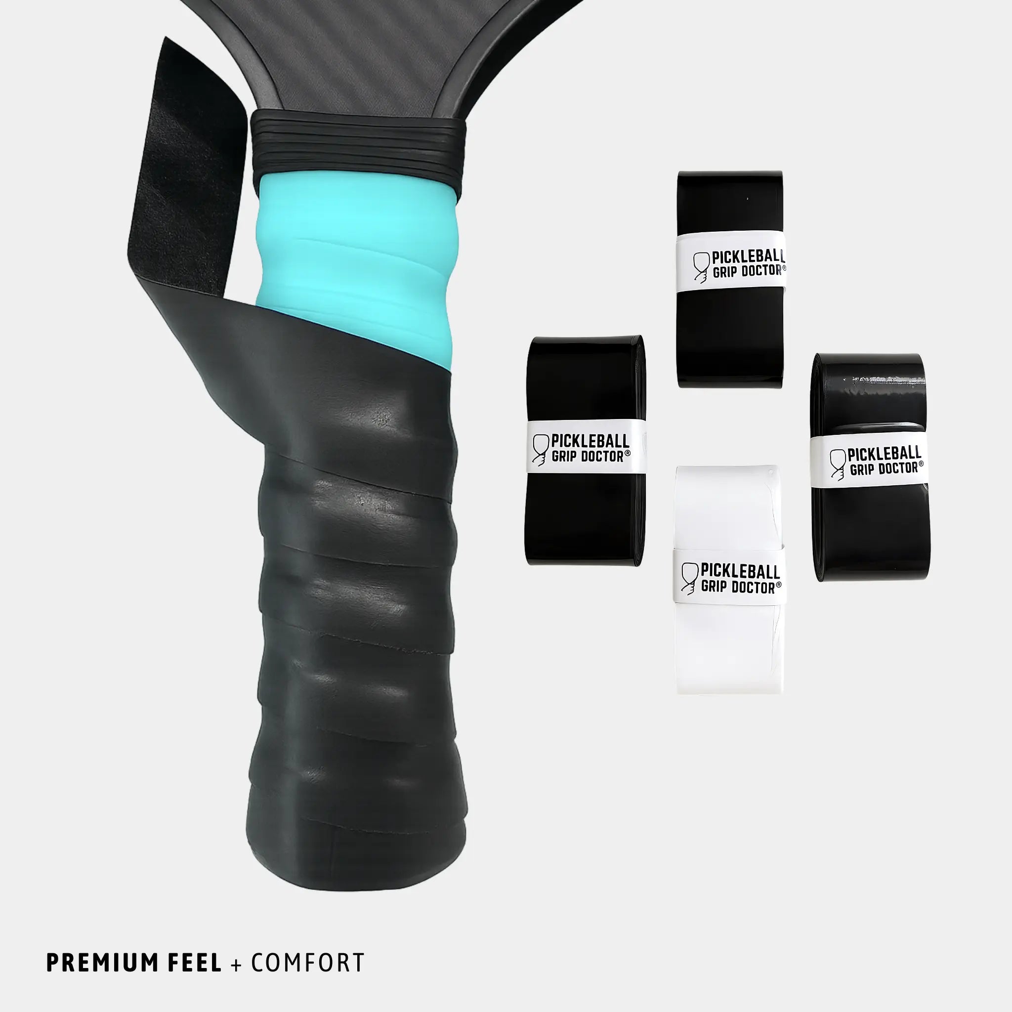 Pickleball racket handle with turquoise grip and Pickleball Grip Doctor packaging on a white background