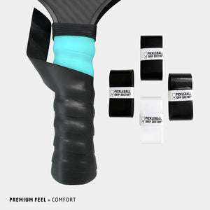 Pickleball racket handle with turquoise grip and Pickleball Grip Doctor packaging on a white background
