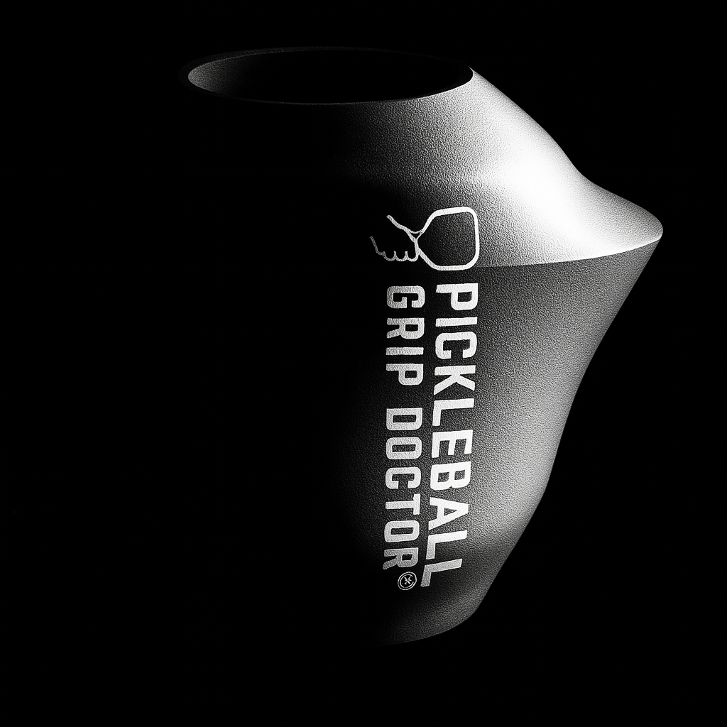 Pickleball grip device with 'Pickleball Grip Doctor' branding on a black background