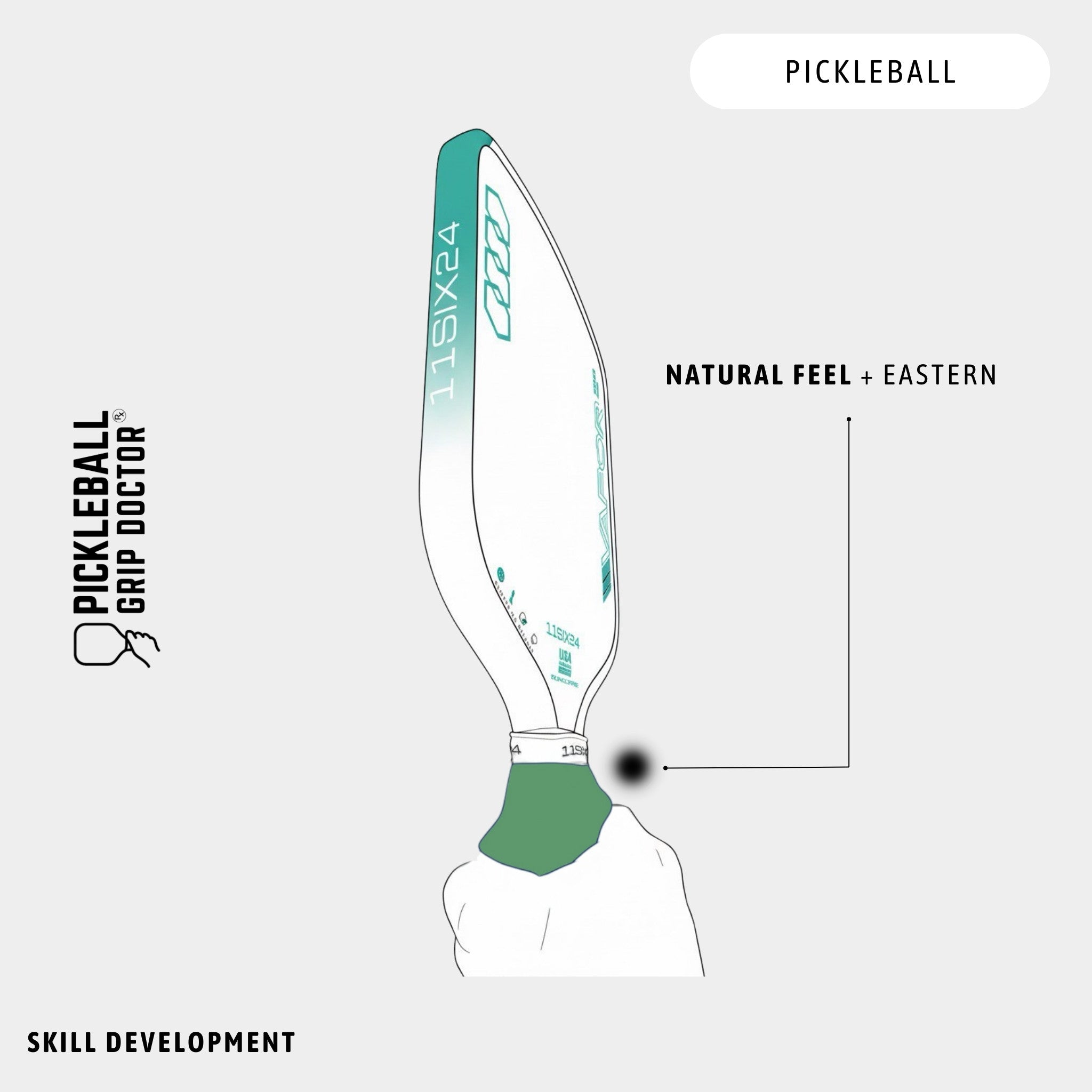 Diagram of a pickleball paddle with branding and text on a white background