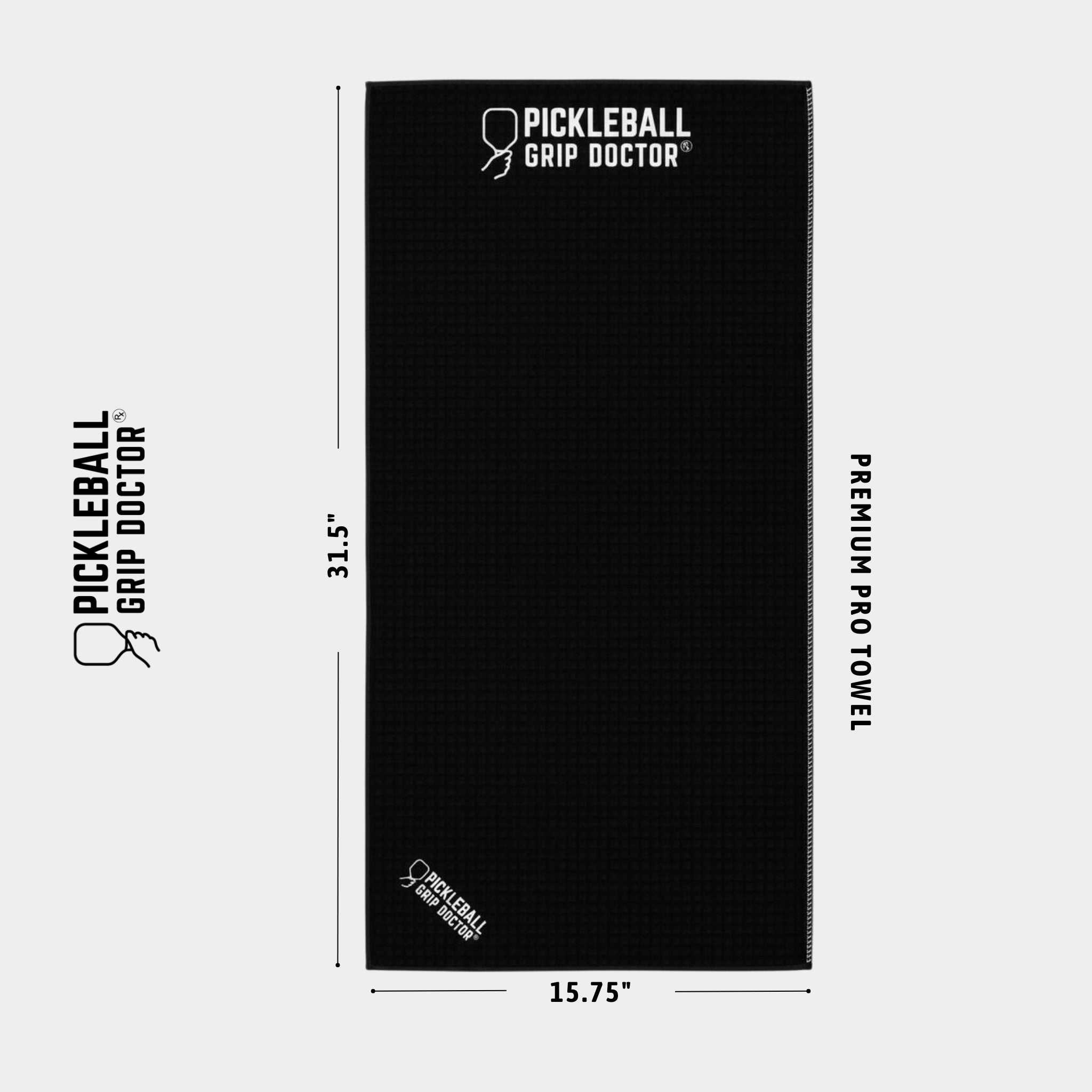 Black towel with 'Pickleball Grip Doctor' branding and dimensions on a white background