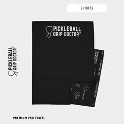 Black towel with 'Pickleball Grip Doctor' branding on a white background
