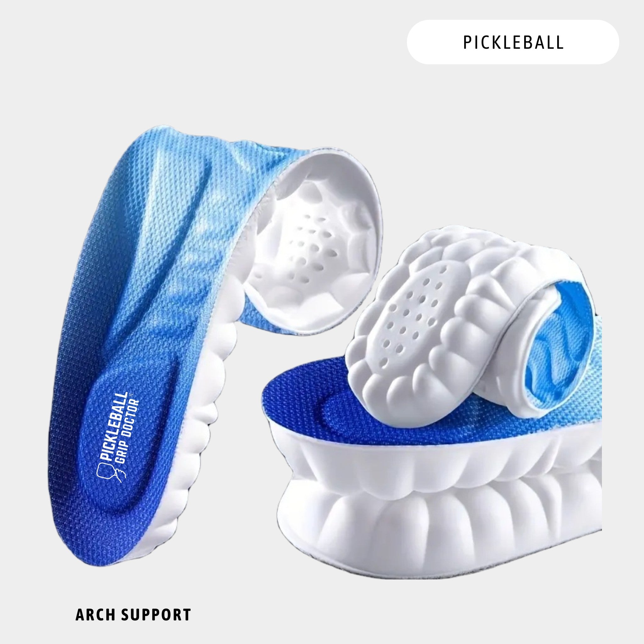 Blue and white pickleball arch support on a light gray background
