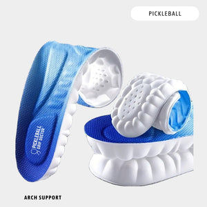 Blue and white pickleball arch support on a light gray background