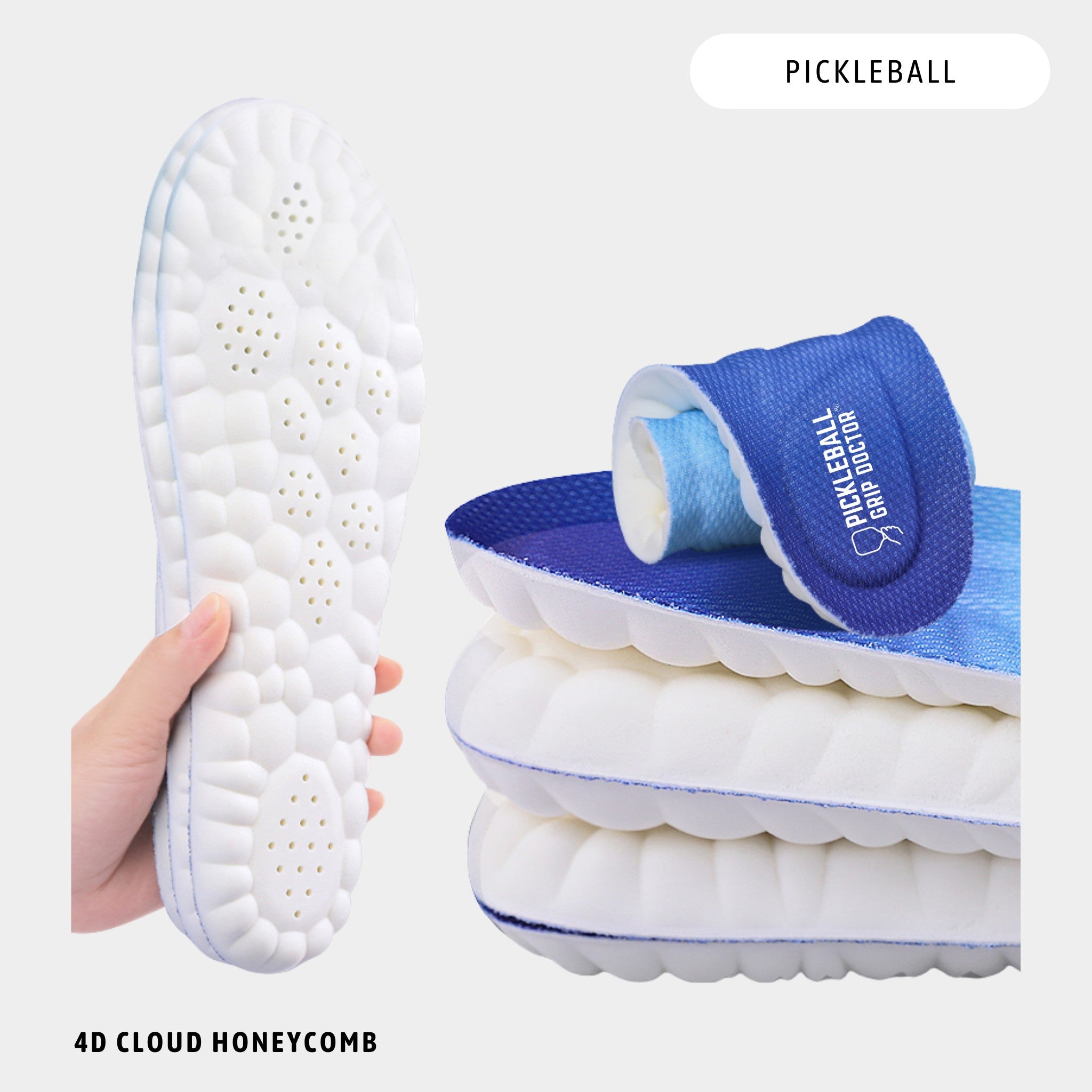 Pickleball shoe with 4D Cloud Honeycomb sole and blue ankle support on a white background