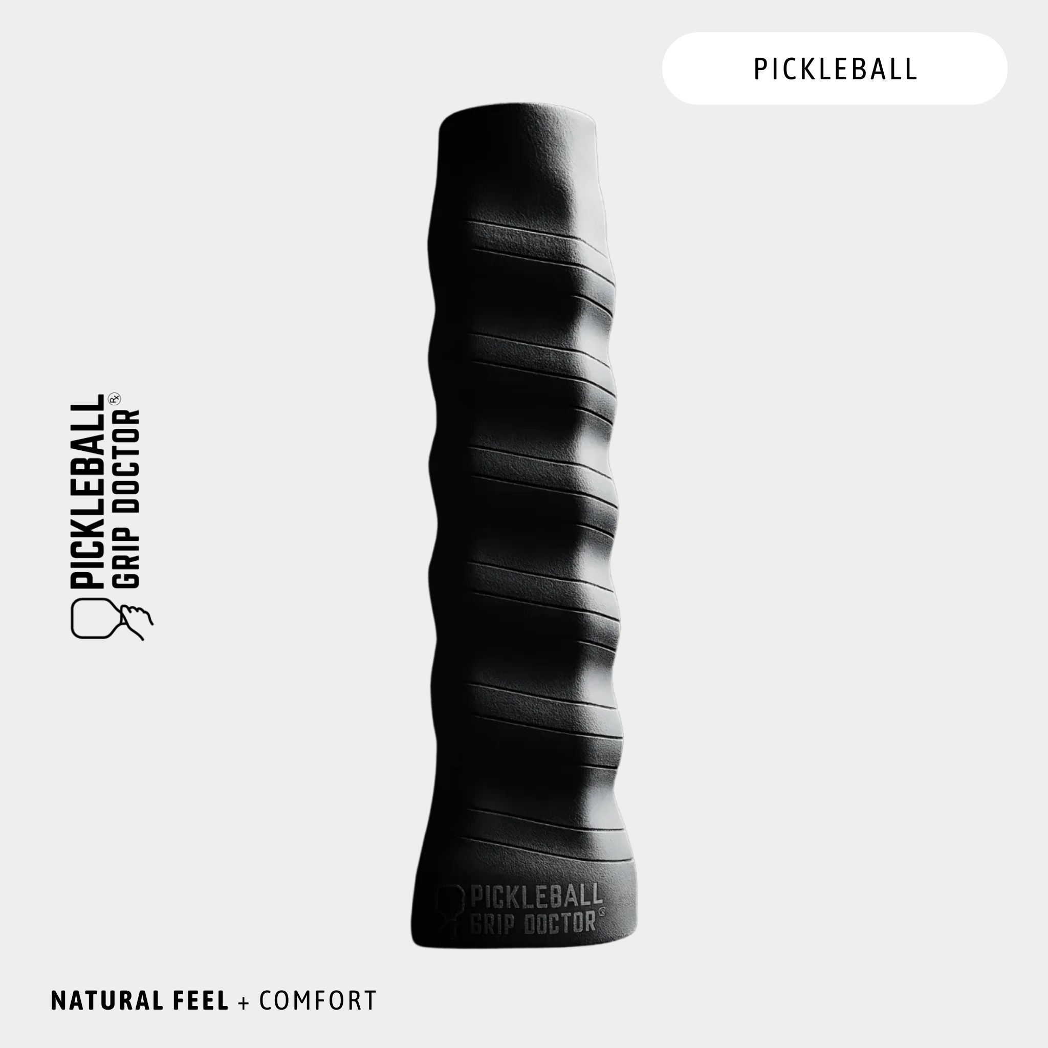 Black pickleball grip with 'Pickleball Grip Doctor' branding on a white background