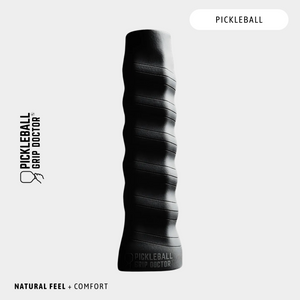 Black pickleball grip with 'Pickleball Grip Doctor' branding on a white background