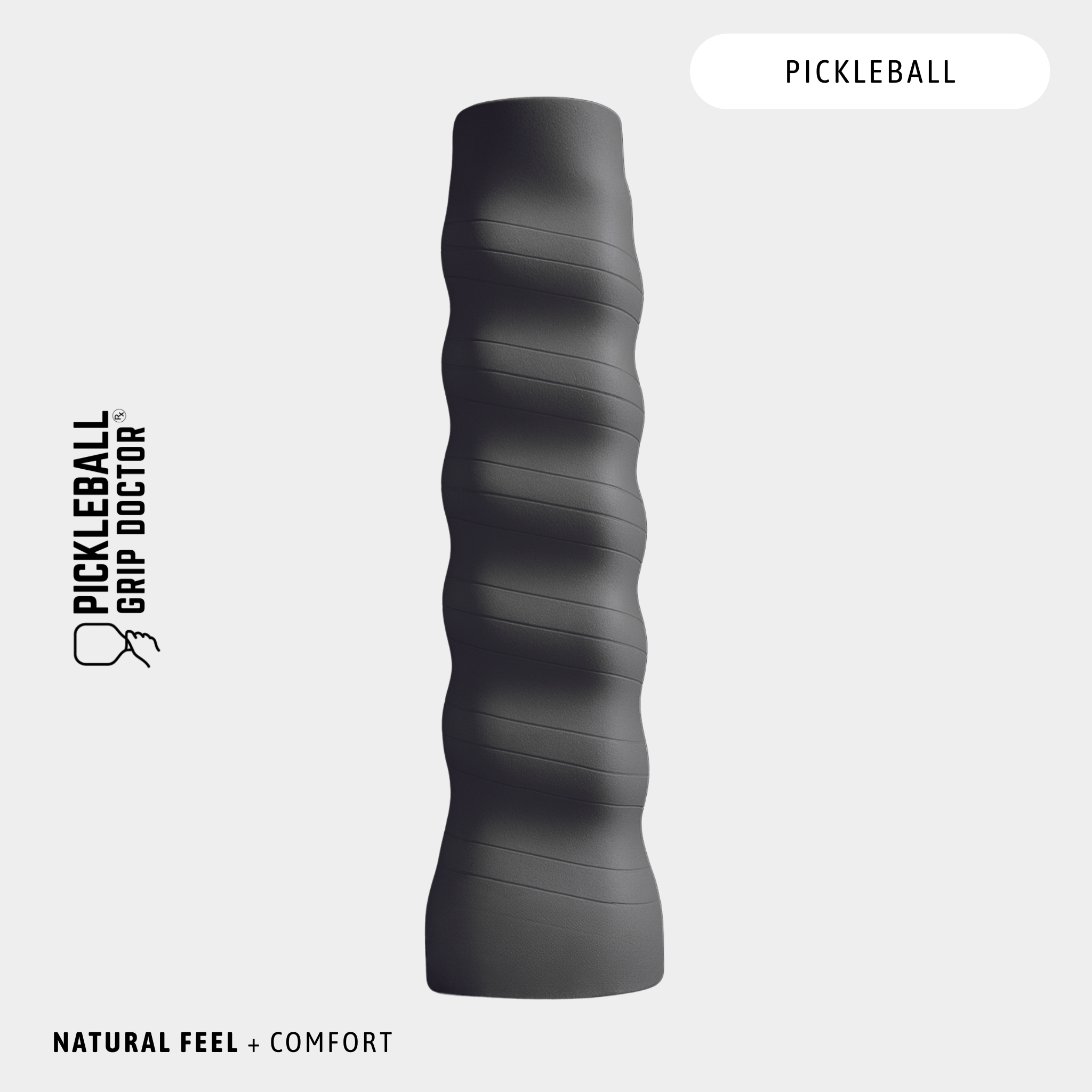 Black pickleball grip on a light gray background with 'Pickleball Grip Doctor' branding.