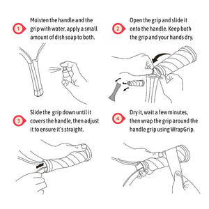 Four-step illustrated instructions showing how to install the WrapCore grip on a pickleball paddle handle using water, soap, sliding the grip into place, and applying overgrip.