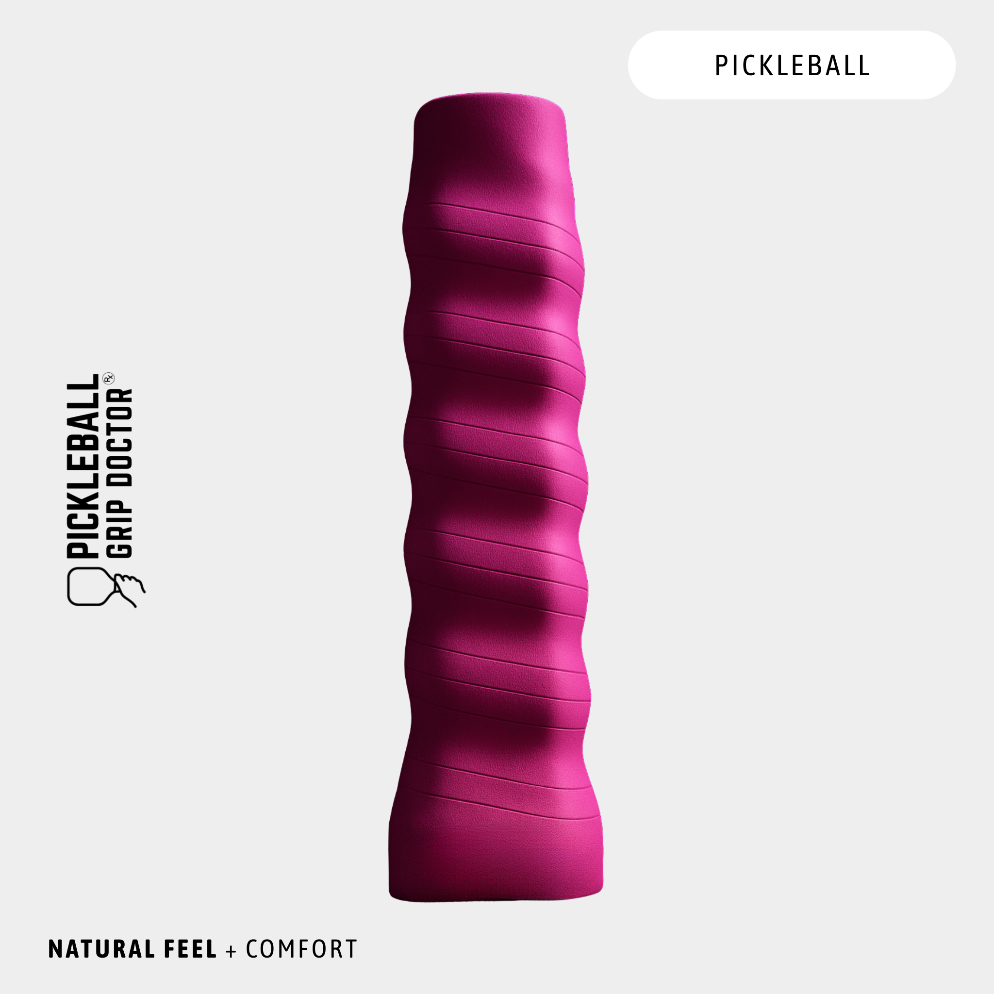 Pink pickleball grip on a light gray background with 'Pickleball Grip Doctor' branding.