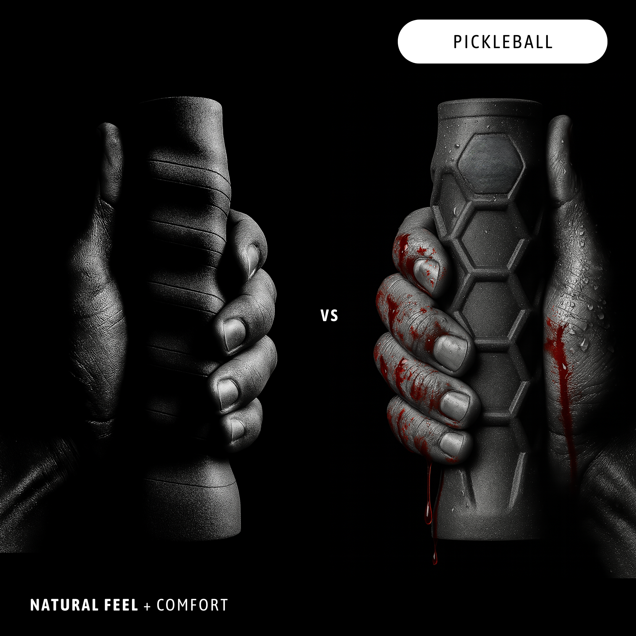 Two hands holding pickleball paddles with a dark background and 'Pickleball' text at the top.