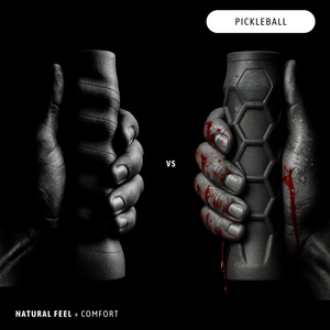 Two hands holding pickleball paddles with a dark background and 'Pickleball' text at the top.