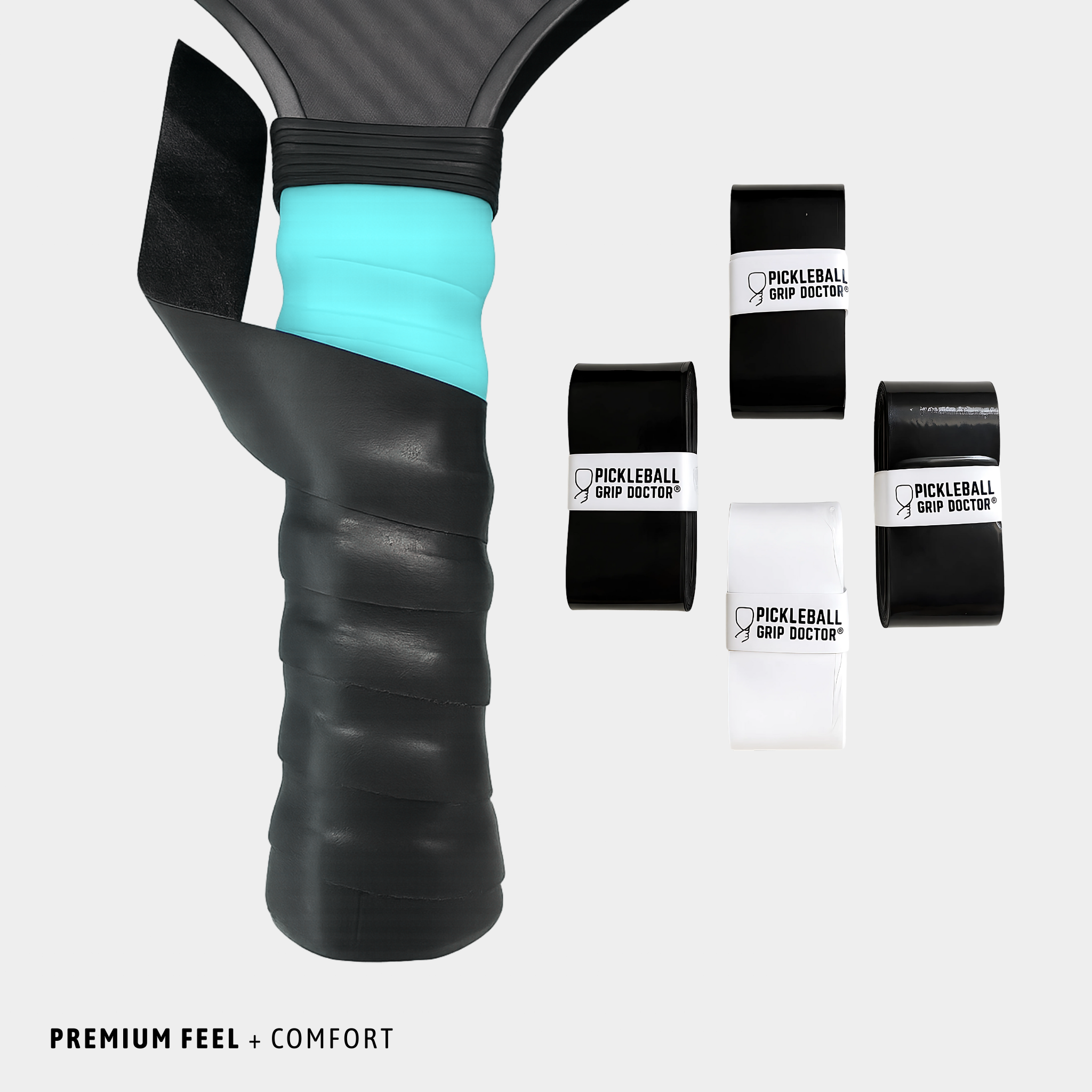 Pickleball racket handle with turquoise grip and Pickleball Grip Doctor packaging on a white background
