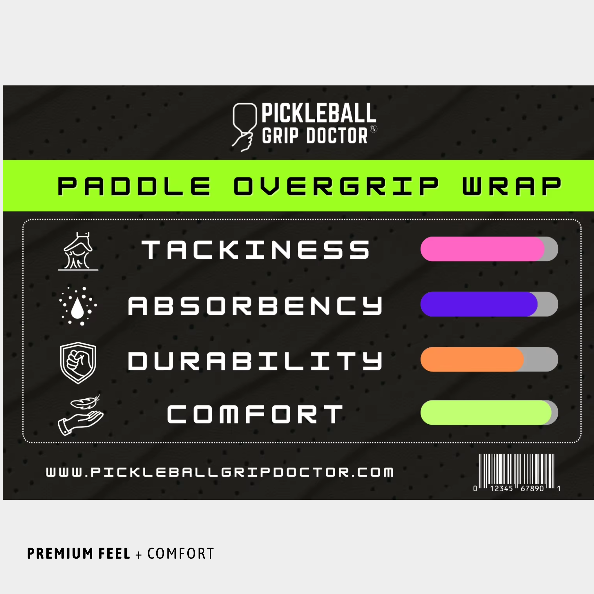 Pickleball Grip Doctor paddle overgrip wrap packaging with feature indicators on a black background.